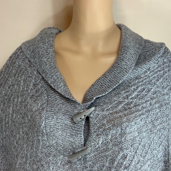 Poncho Shawl Collar Fringe Button Neck - Picture 5 of 5